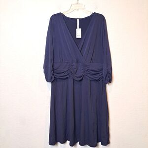 New York Collection Dress Navy Blue Knee Length Semi Formal Drapey Ruched 3X NWT